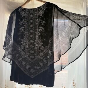 Boho Scarf Print Butterfly Sleeve‎ Chiffon Poncho Blouse Apt. 9 Black Womens L